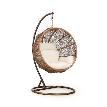 Manhattan Comfort Zolo Hanging Lounge Egg Swing Chair in Cream and Saddle Brown, PK2 OD-HC001-CR